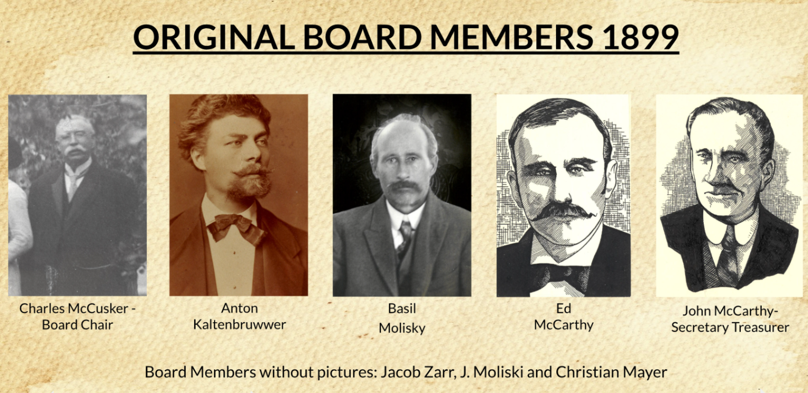 Original Board Members 1899 old photos of Charles McCusker, Anton Kaltenbruwwer, Basil Molisky, Ed McCarthy and John McCarthy